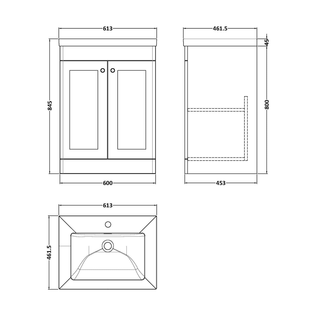 [BFCL1425L] Swynnerton Traditional 2 Door Floor Standing Vanity Basin Unit with 1 Tap Hole Modern Fireclay Basin, Choice of Size and Colour - Technical Drawing