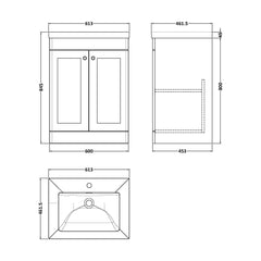 [BFCL1425L] Swynnerton Traditional 2 Door Floor Standing Vanity Basin Unit with 1 Tap Hole Modern Fireclay Basin, Choice of Size and Colour - Technical Drawing