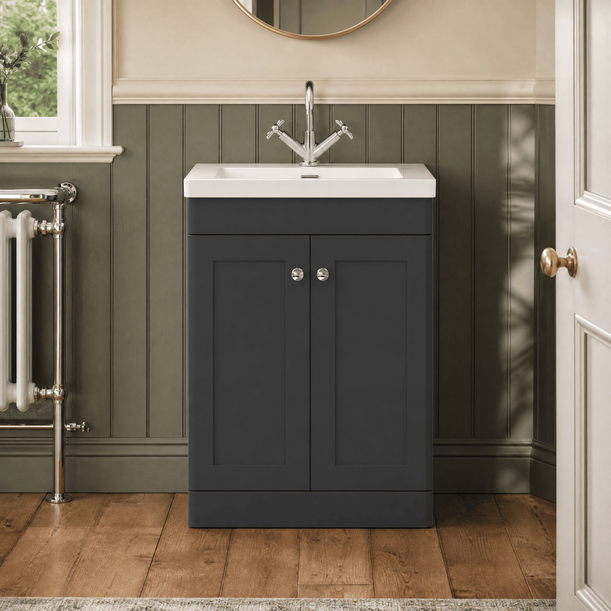 [BFCL1425L] Swynnerton Traditional 2 Door Floor Standing Vanity Basin Unit with 1 Tap Hole Modern Fireclay Basin, Choice of Size and Colour