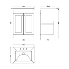 [BFCL1425M] Swynnerton Traditional 2 Door Floor Standing Vanity Basin Unit with 3 Tap Hole Modern Fireclay Basin, Choice of Size and Colour - Technical Drawing