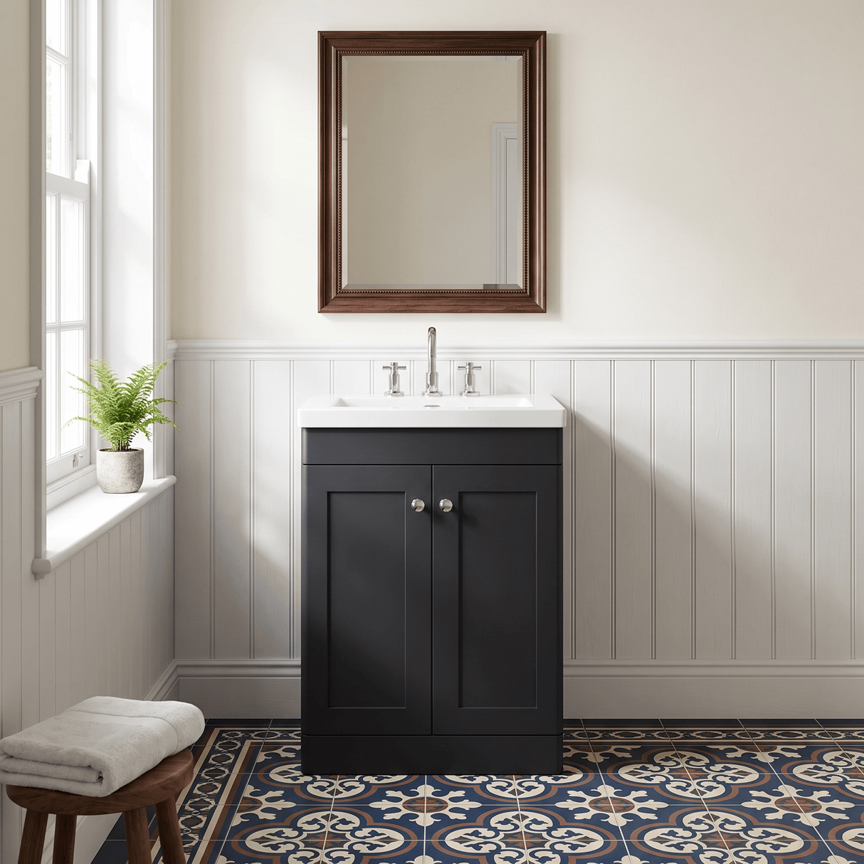 [BFCL1425M] Swynnerton Traditional 2 Door Floor Standing Vanity Basin Unit with 3 Tap Hole Modern Fireclay Basin, Choice of Size and Colour