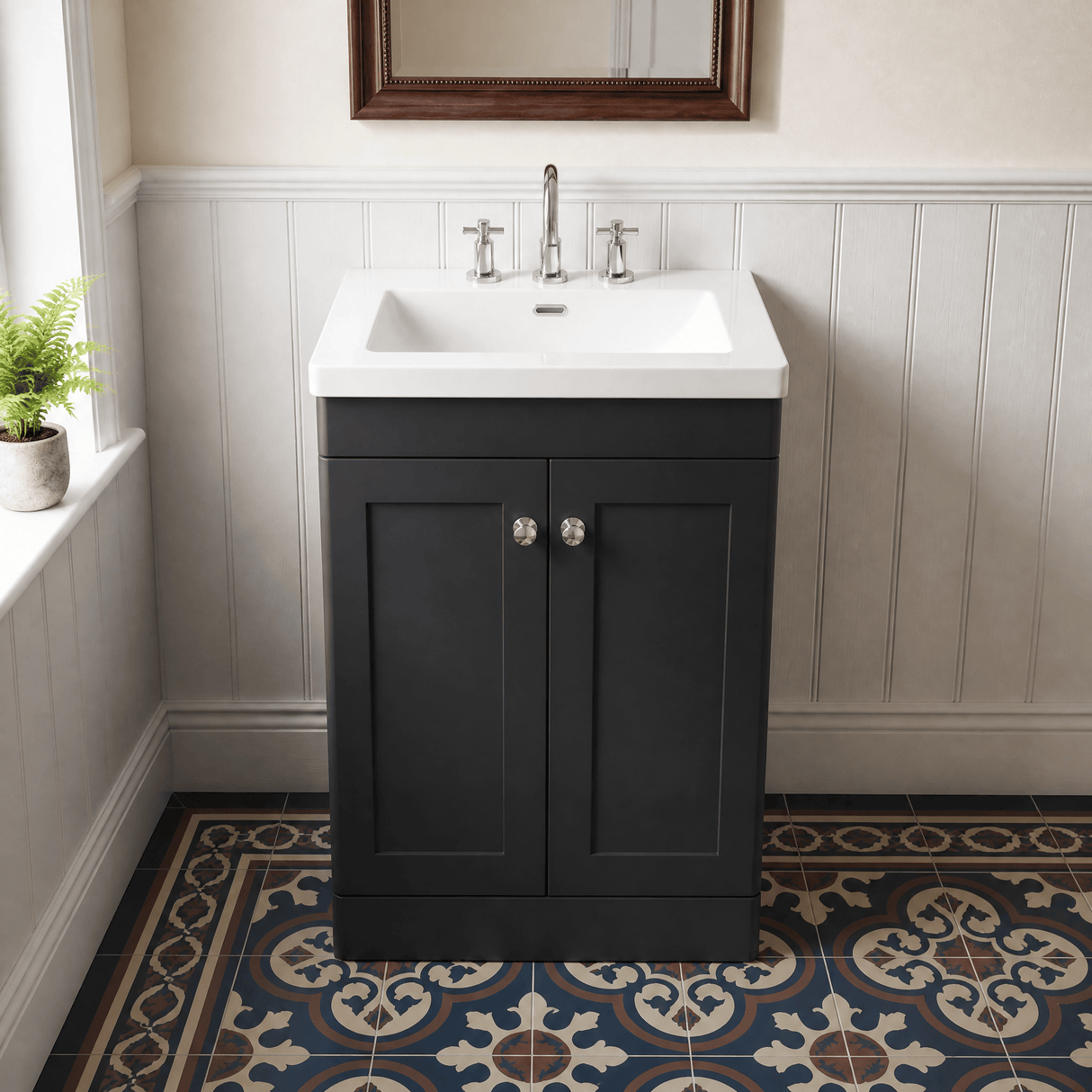 [BFCL1425M] Swynnerton Traditional 2 Door Floor Standing Vanity Basin Unit with 3 Tap Hole Modern Fireclay Basin, Choice of Size and Colour