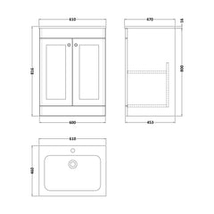[BFCL1425P] Swynnerton Traditional 2 Door Floor Standing Vanity Basin Unit with 1 Tap Hole Stone Basin, Choice of Size and Colour - Technical Drawing