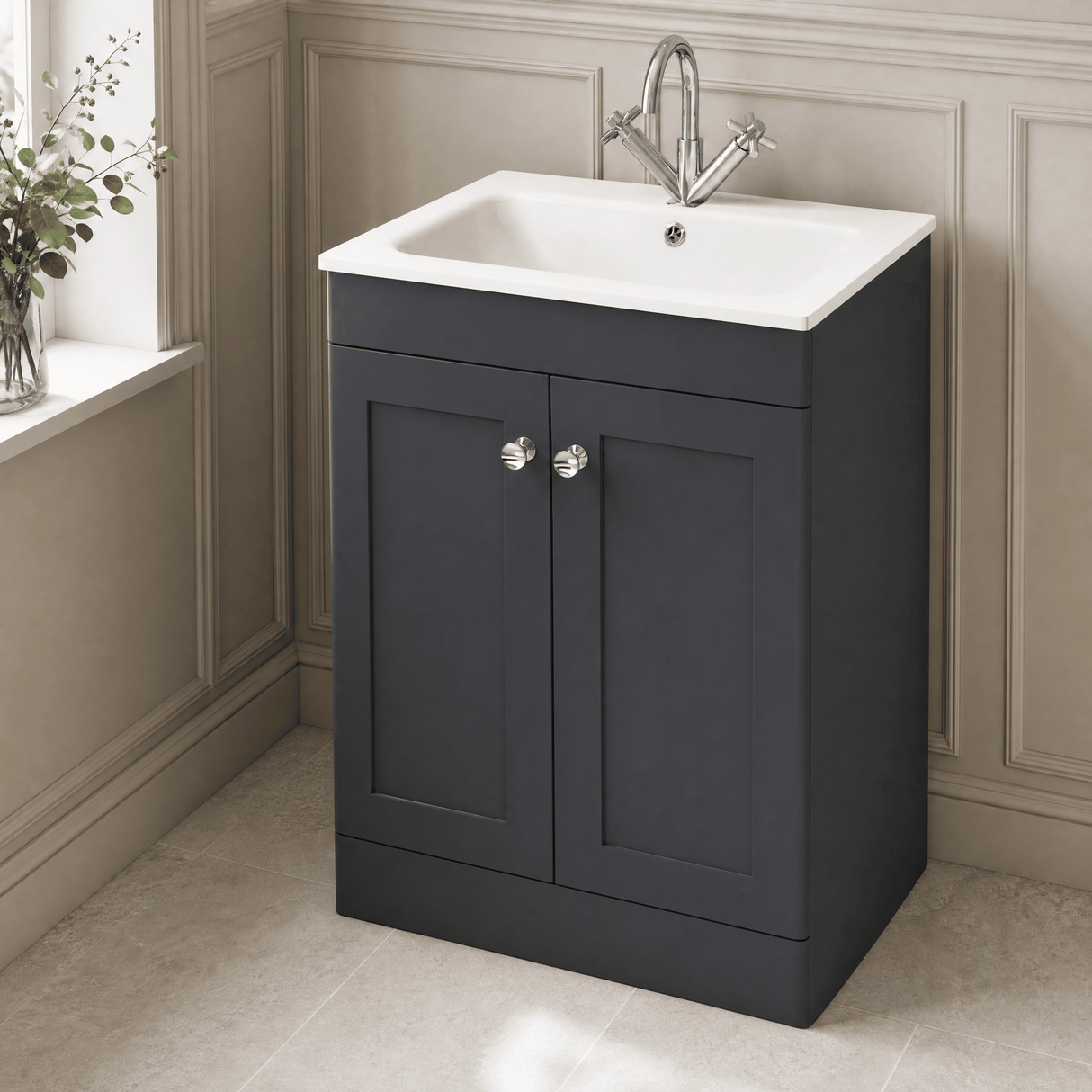 [BFCL1425P] Swynnerton Traditional 2 Door Floor Standing Vanity Basin Unit with 1 Tap Hole Stone Basin, Choice of Size and Colour