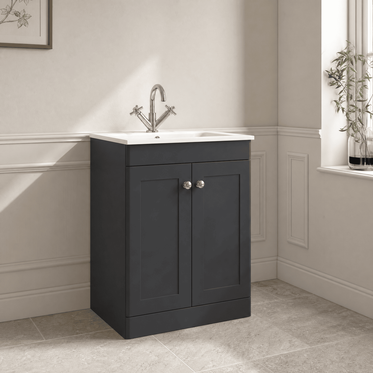 [BFCL1425P] Swynnerton Traditional 2 Door Floor Standing Vanity Basin Unit with 1 Tap Hole Stone Basin, Choice of Size and Colour