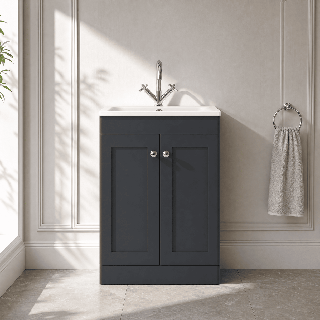 [BFCL1425P] Swynnerton Traditional 2 Door Floor Standing Vanity Basin Unit with 1 Tap Hole Stone Basin, Choice of Size and Colour - Silo