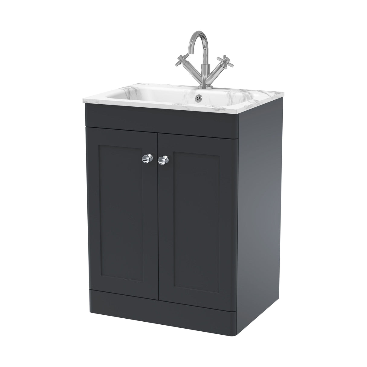 [BFCL1425Q] Swynnerton Traditional 2 Door Floor Standing Vanity Basin Unit with 1 Tap Hole Marble Effect Stone Basin, Choice of Size and Colour - Cutout