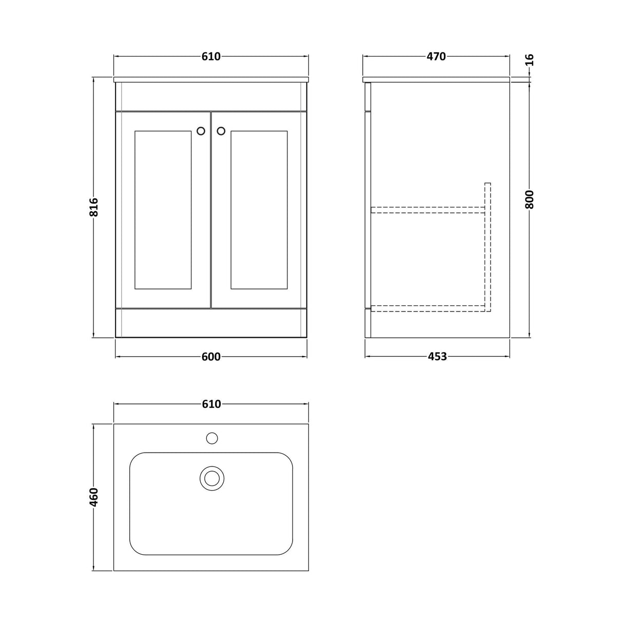 [BFCL1425Q] Swynnerton Traditional 2 Door Floor Standing Vanity Basin Unit with 1 Tap Hole Marble Effect Stone Basin, Choice of Size and Colour - Technical Drawing