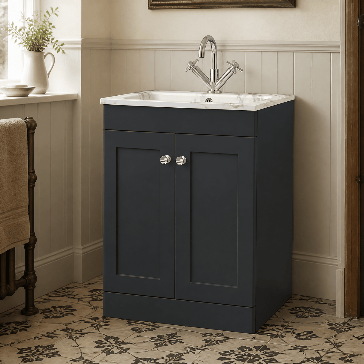 [BFCL1425Q] Swynnerton Traditional 2 Door Floor Standing Vanity Basin Unit with 1 Tap Hole Marble Effect Stone Basin, Choice of Size and Colour