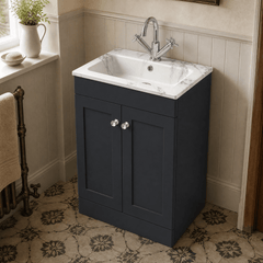 [BFCL1425Q] Swynnerton Traditional 2 Door Floor Standing Vanity Basin Unit with 1 Tap Hole Marble Effect Stone Basin, Choice of Size and Colour