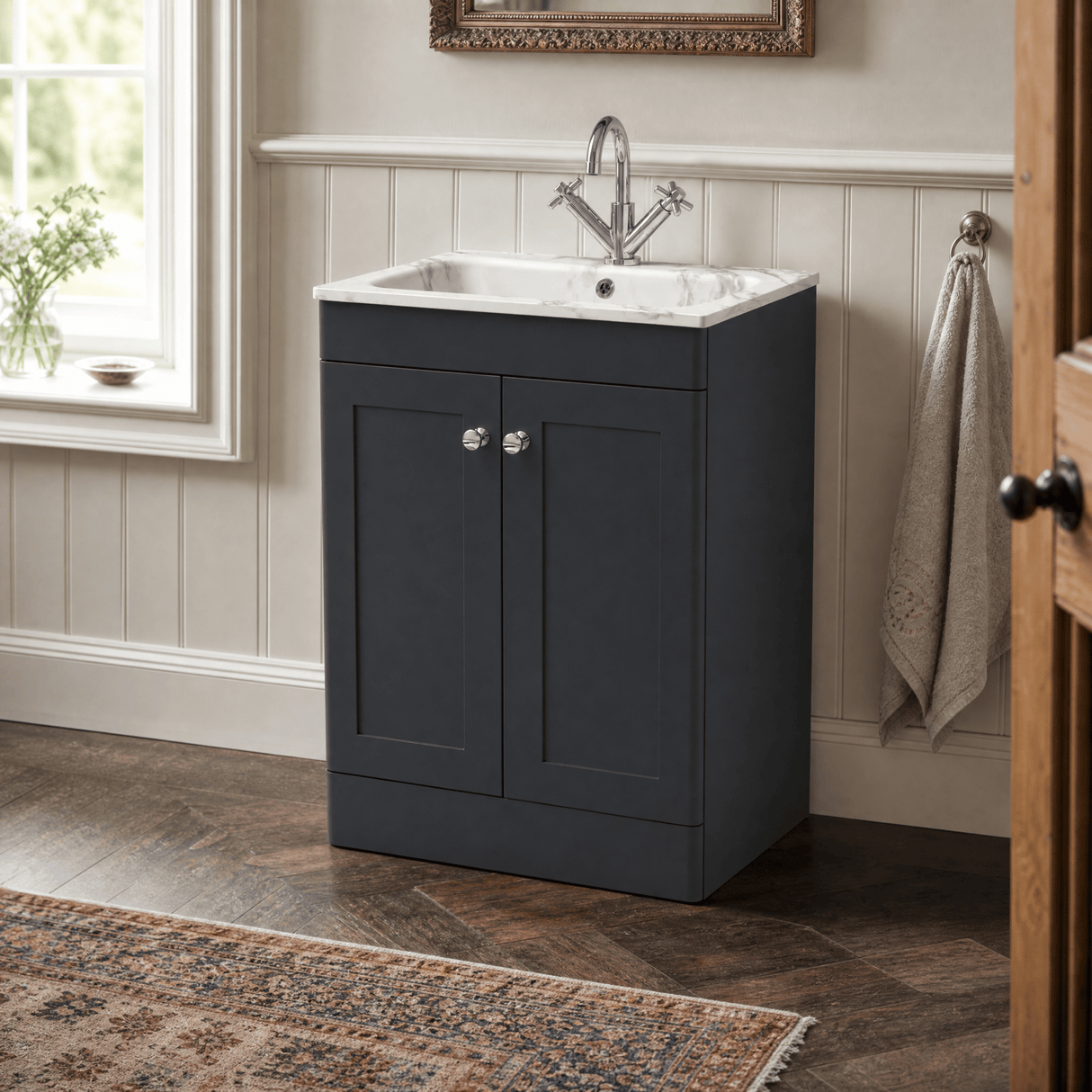 [BFCL1425Q] Swynnerton Traditional 2 Door Floor Standing Vanity Basin Unit with 1 Tap Hole Marble Effect Stone Basin, Choice of Size and Colour