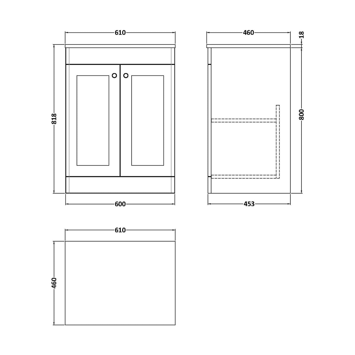 [BFCL1425WMT] Swynnerton Traditional 2 Door Floor Standing Vanity Unit with White Marble Worktop, Choice of Size and Colour - Technical Drawing