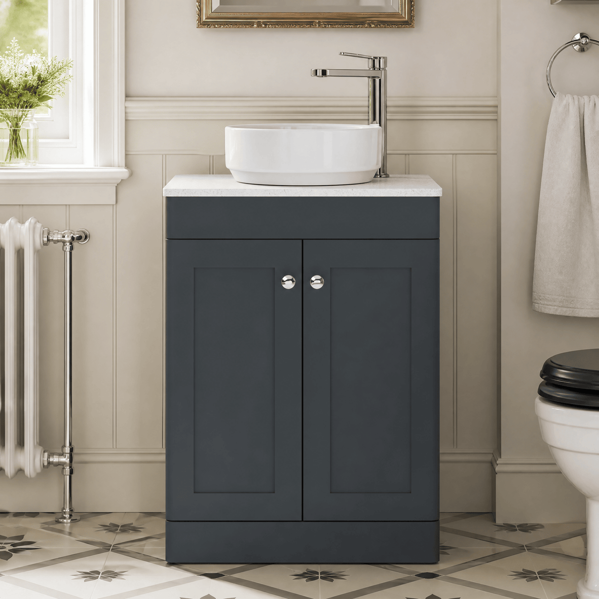 [BFCL1425WMT] Swynnerton Traditional 2 Door Floor Standing Vanity Unit with White Marble Worktop, Choice of Size and Colour