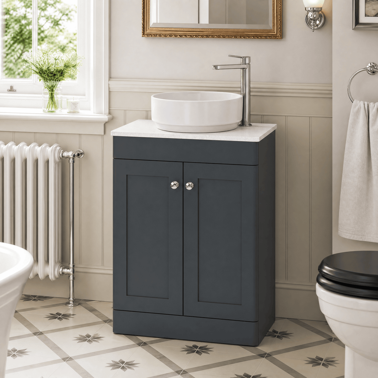 [BFCL1425WMT] Swynnerton Traditional 2 Door Floor Standing Vanity Unit with White Marble Worktop, Choice of Size and Colour