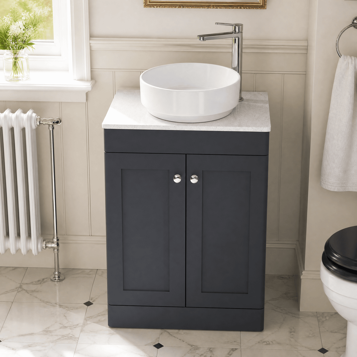 [BFCL1425WMT] Swynnerton Traditional 2 Door Floor Standing Vanity Unit with White Marble Worktop, Choice of Size and Colour - Silo
