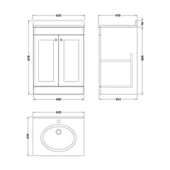 [BFCL1425WR1] Swynnerton Traditional 2 Door Floor Standing Vanity Basin Unit with 1 Tap Hole White Marble Worktop and Basin, Choice of Size and Colour - Technical Drawing