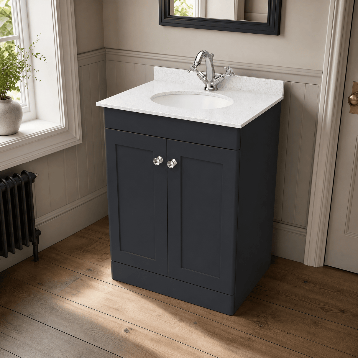 [BFCL1425WR1] Swynnerton Traditional 2 Door Floor Standing Vanity Basin Unit with 1 Tap Hole White Marble Worktop and Basin, Choice of Size and Colour