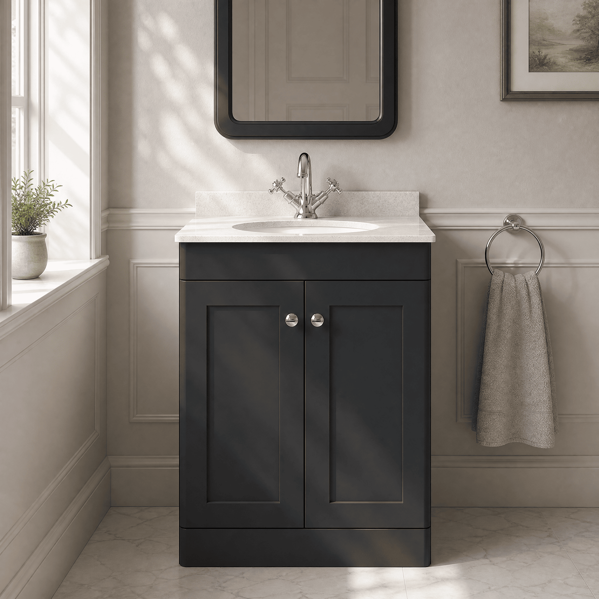 [BFCL1425WR1] Swynnerton Traditional 2 Door Floor Standing Vanity Basin Unit with 1 Tap Hole White Marble Worktop and Basin, Choice of Size and Colour - Silo