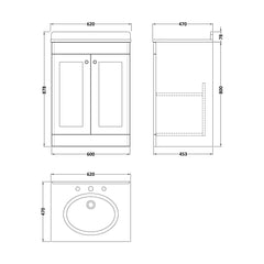 [BFCL1425WR3] Swynnerton Traditional 2 Door Floor Standing Vanity Basin Unit with 3 Tap Hole White Marble Worktop and Basin, Choice of Size and Colour - Technical Drawing