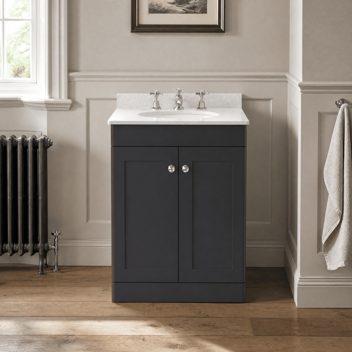 [BFCL1425WR3] Swynnerton Traditional 2 Door Floor Standing Vanity Basin Unit with 3 Tap Hole White Marble Worktop and Basin, Choice of Size and Colour
