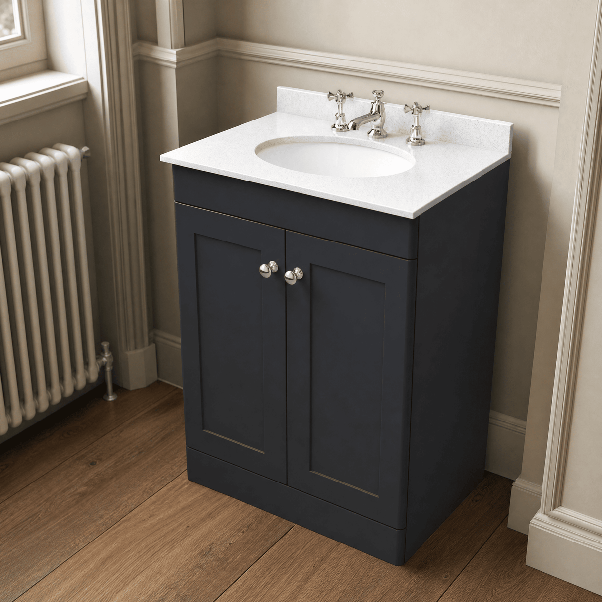 [BFCL1425WR3] Swynnerton Traditional 2 Door Floor Standing Vanity Basin Unit with 3 Tap Hole White Marble Worktop and Basin, Choice of Size and Colour