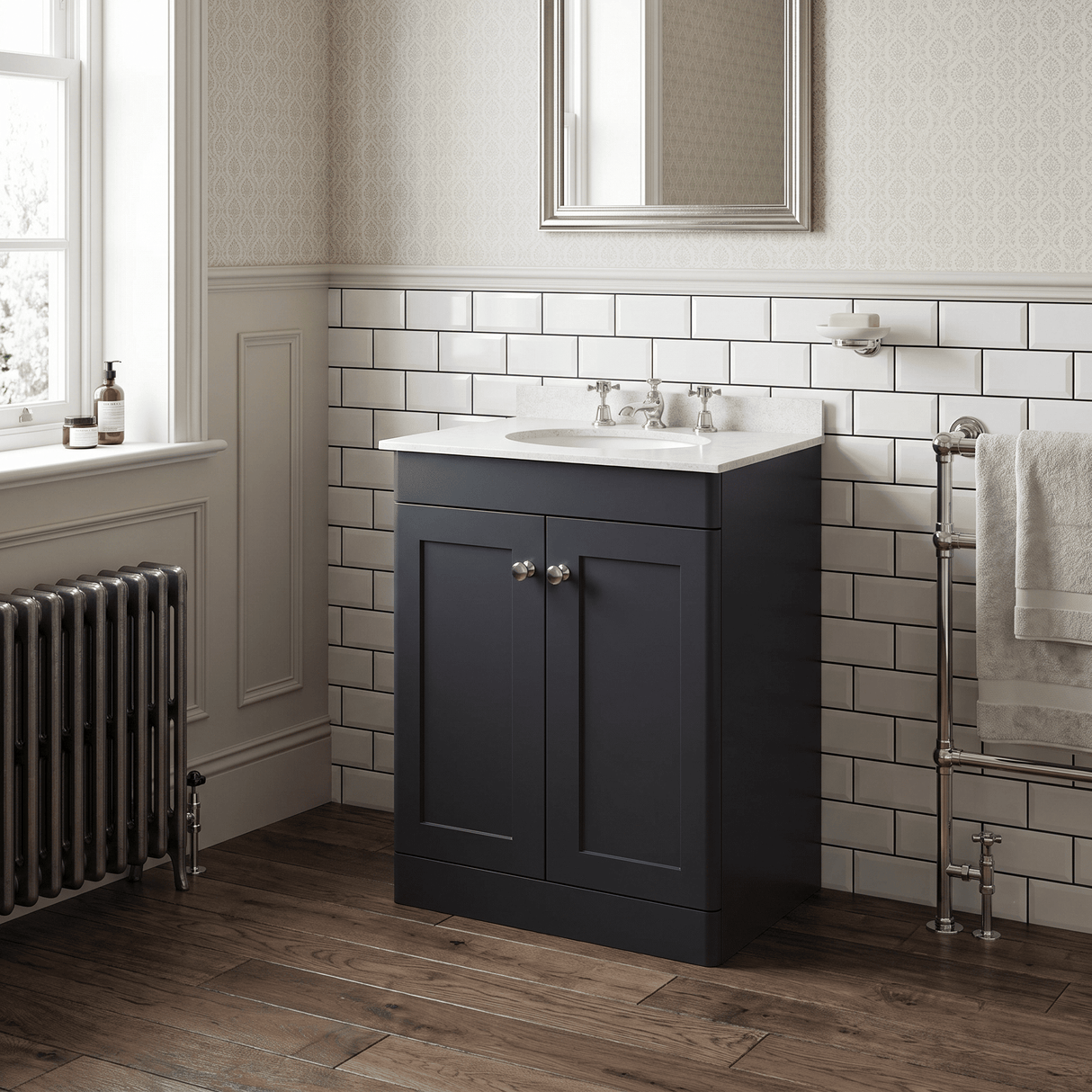 [BFCL1425WR3] Swynnerton Traditional 2 Door Floor Standing Vanity Basin Unit with 3 Tap Hole White Marble Worktop and Basin, Choice of Size and Colour