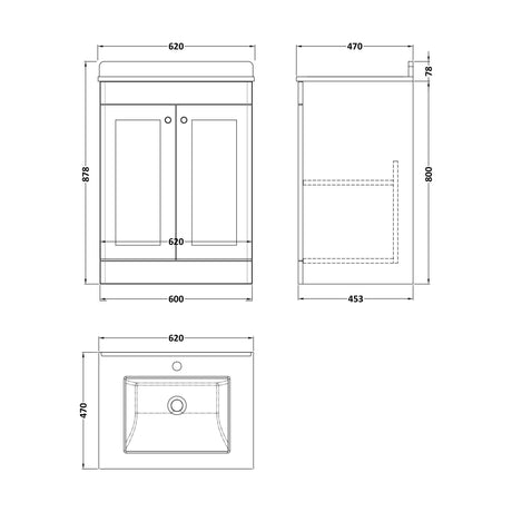 [BFCL1425WS1] Swynnerton Traditional 2 Door Floor Standing Vanity Unit with Marble Basin, Dark Grey, 600mm - Technical Drawing