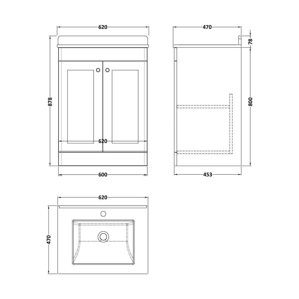 [BFCL1425WS1] Swynnerton Traditional 2 Door Floor Standing Vanity Basin Unit with 1 Tap Hole White Marble Worktop and Square Basin, Choice of Size and Colour - Technical Drawing