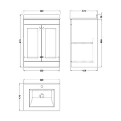 [BFCL1425WS1] Swynnerton Traditional 2 Door Floor Standing Vanity Basin Unit with 1 Tap Hole White Marble Worktop and Square Basin, Choice of Size and Colour - Technical Drawing