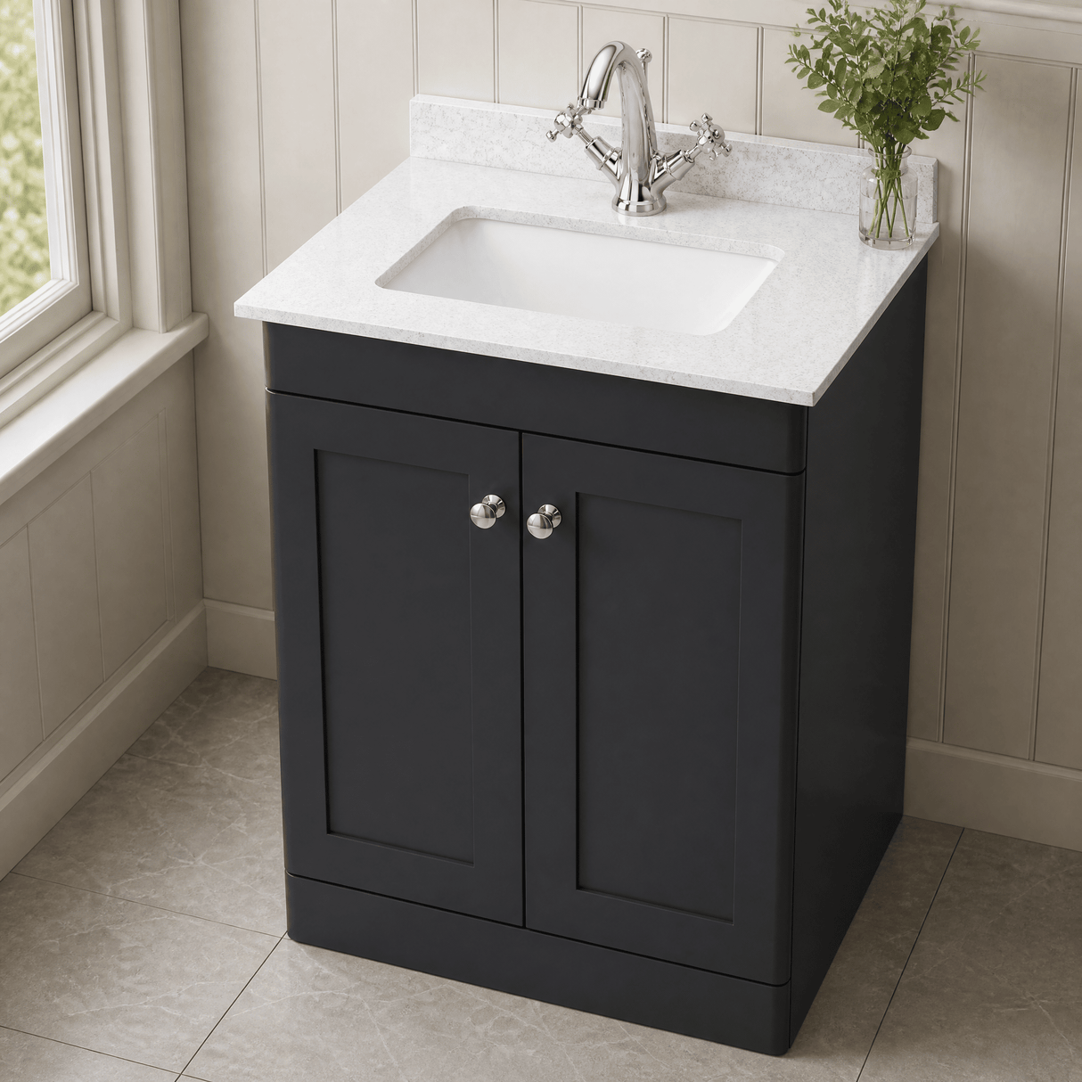 [BFCL1425WS1] Swynnerton Traditional 2 Door Floor Standing Vanity Basin Unit with 1 Tap Hole White Marble Worktop and Square Basin, Choice of Size and Colour