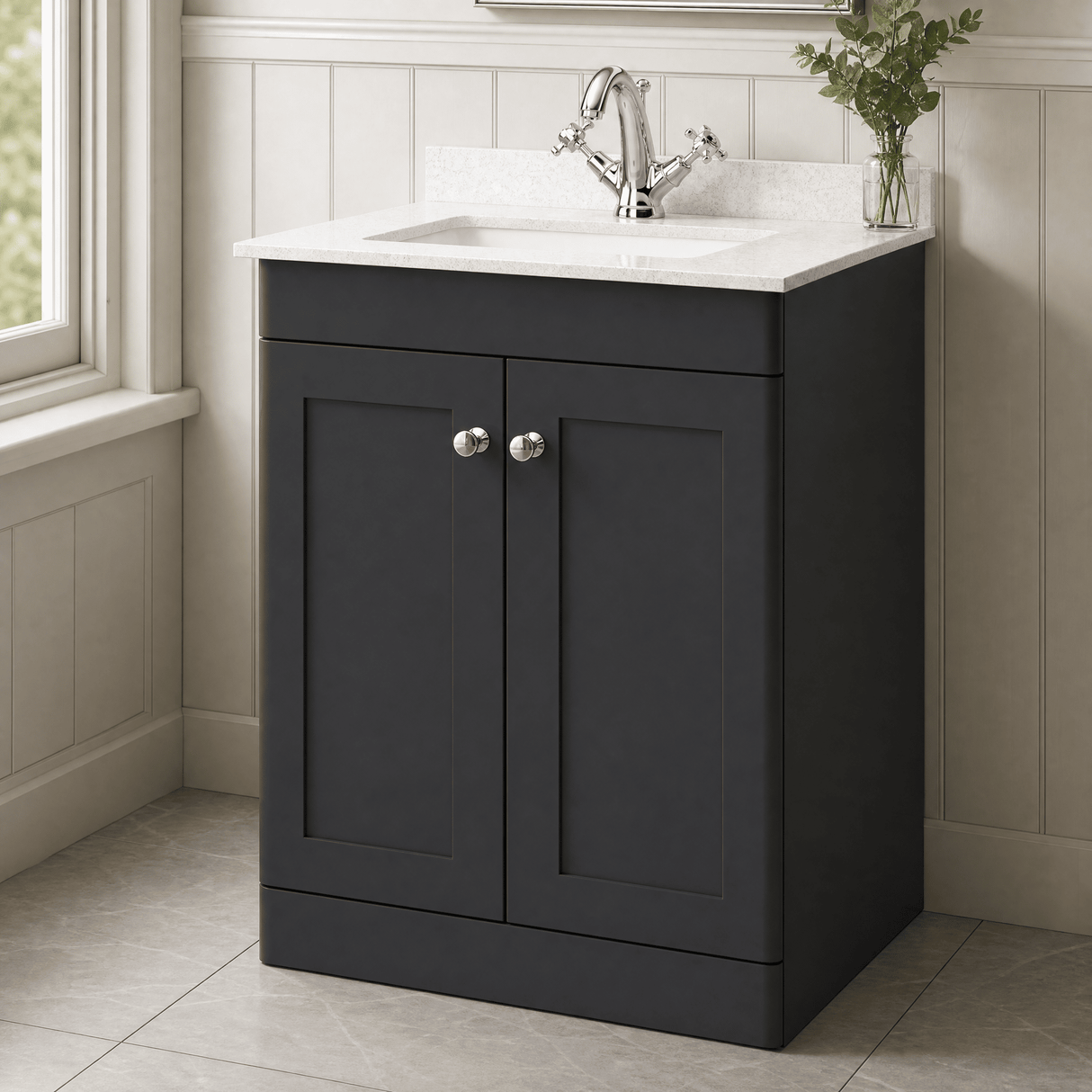 [BFCL1425WS1] Swynnerton Traditional 2 Door Floor Standing Vanity Basin Unit with 1 Tap Hole White Marble Worktop and Square Basin, Choice of Size and Colour