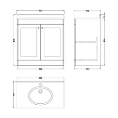 [BFCL1426BR1] Swynnerton Traditional 2 Door Floor Standing Vanity Unit with Black Marble Worktop and 1 Tap Hole Basin, Choice of Size and Colour - Technical Drawing