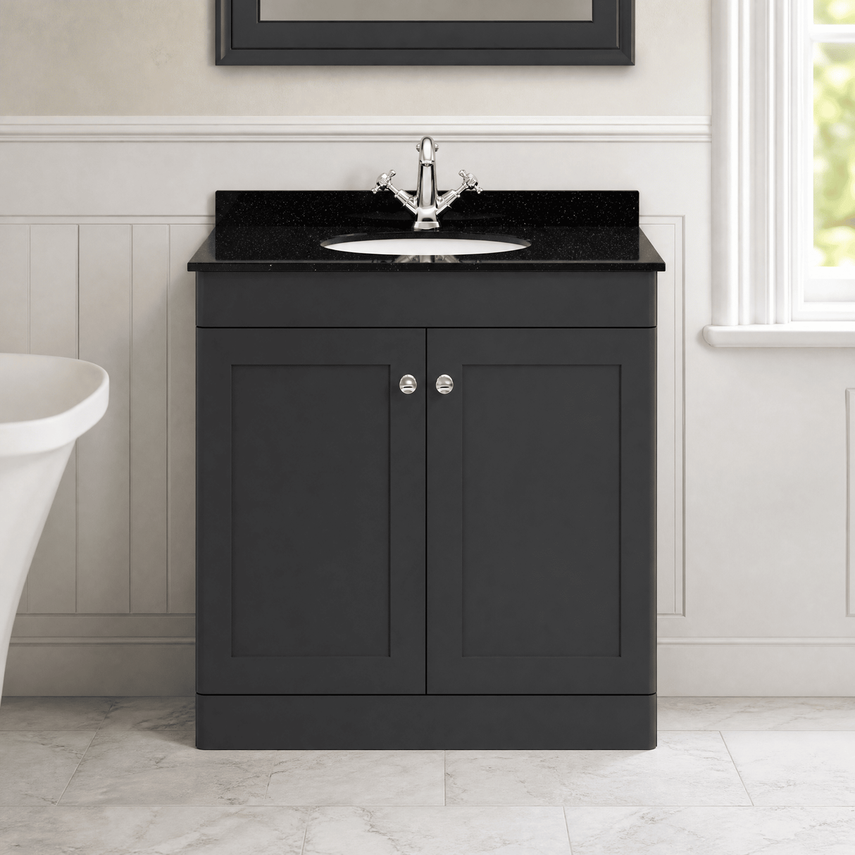 [BFCL1426BR1] Swynnerton Traditional 2 Door Floor Standing Vanity Unit with Black Marble Worktop and 1 Tap Hole Basin, Choice of Size and Colour
