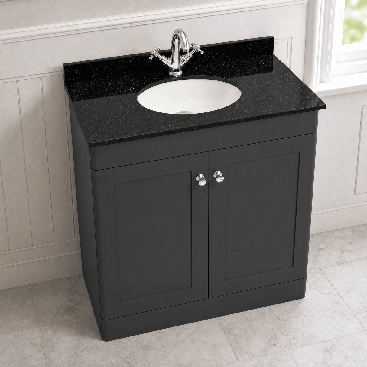 [BFCL1426BR1] Swynnerton Traditional 2 Door Floor Standing Vanity Unit with Black Marble Worktop and 1 Tap Hole Basin, Choice of Size and Colour