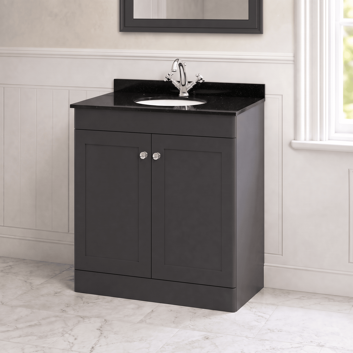 [BFCL1426BR1] Swynnerton Traditional 2 Door Floor Standing Vanity Unit with Black Marble Worktop and 1 Tap Hole Basin, Choice of Size and Colour