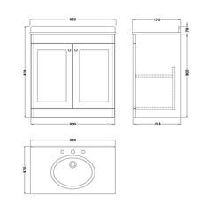 [BFCL1426BR3] Swynnerton Traditional 2 Door Floor Standing Vanity Unit with Black Marble Worktop and 3 Tap Hole Basin, Choice of Size and Colour - Technical Drawing