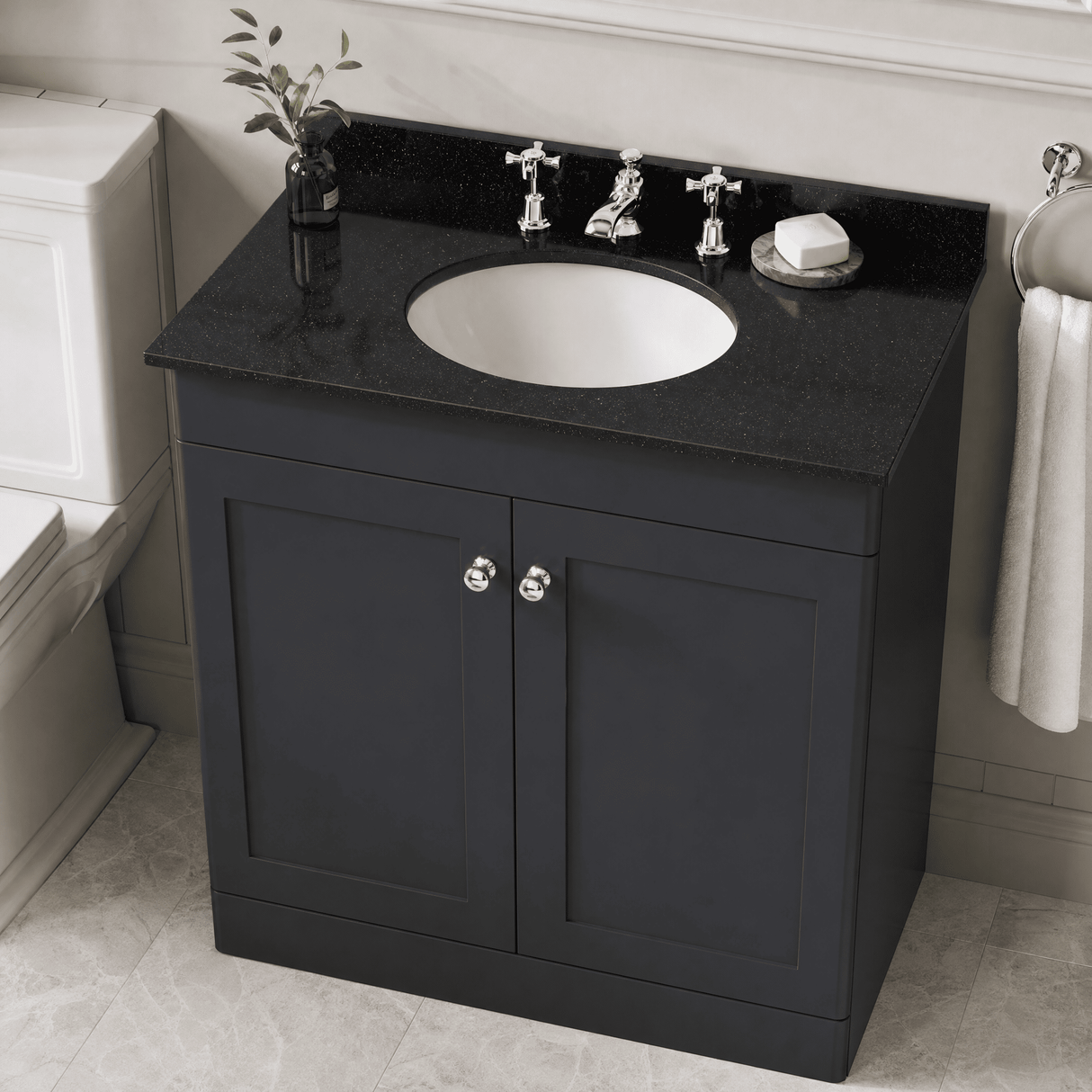 [BFCL1426BR3] Swynnerton Traditional 2 Door Floor Standing Vanity Unit with Black Marble Worktop and 3 Tap Hole Basin, Choice of Size and Colour