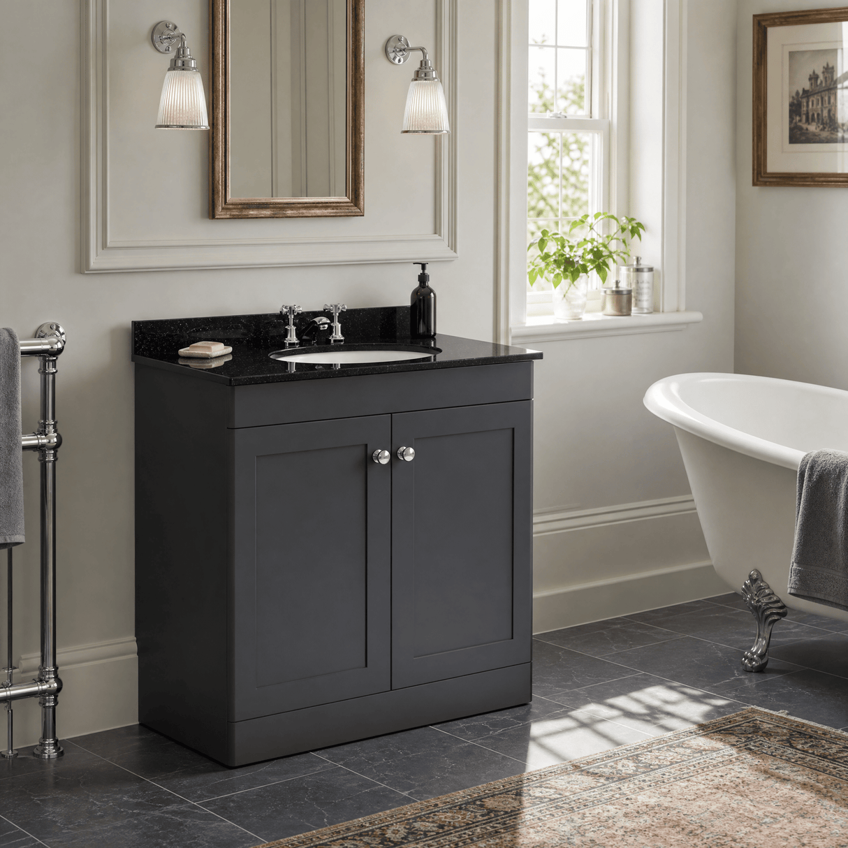 [BFCL1426BR3] Swynnerton Traditional 2 Door Floor Standing Vanity Unit with Black Marble Worktop and 3 Tap Hole Basin, Choice of Size and Colour