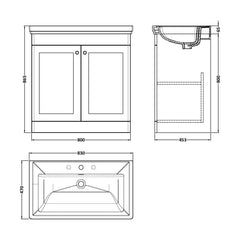 [BFCL1426B] Swynnerton Traditional 2 Door Floor Standing Vanity Basin Unit with 3 Tap Hole Traditional Fireclay Basin, Choice of Size and Colour - Technical Drawing