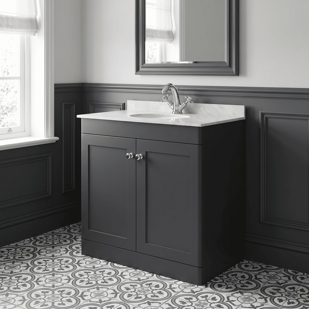 [BFCL1426GR1] Swynnerton Traditional 2 Door Floor Standing Vanity Unit with Grey Marble Worktop and 1 Tap Hole Basin, Choice of Size and Colour