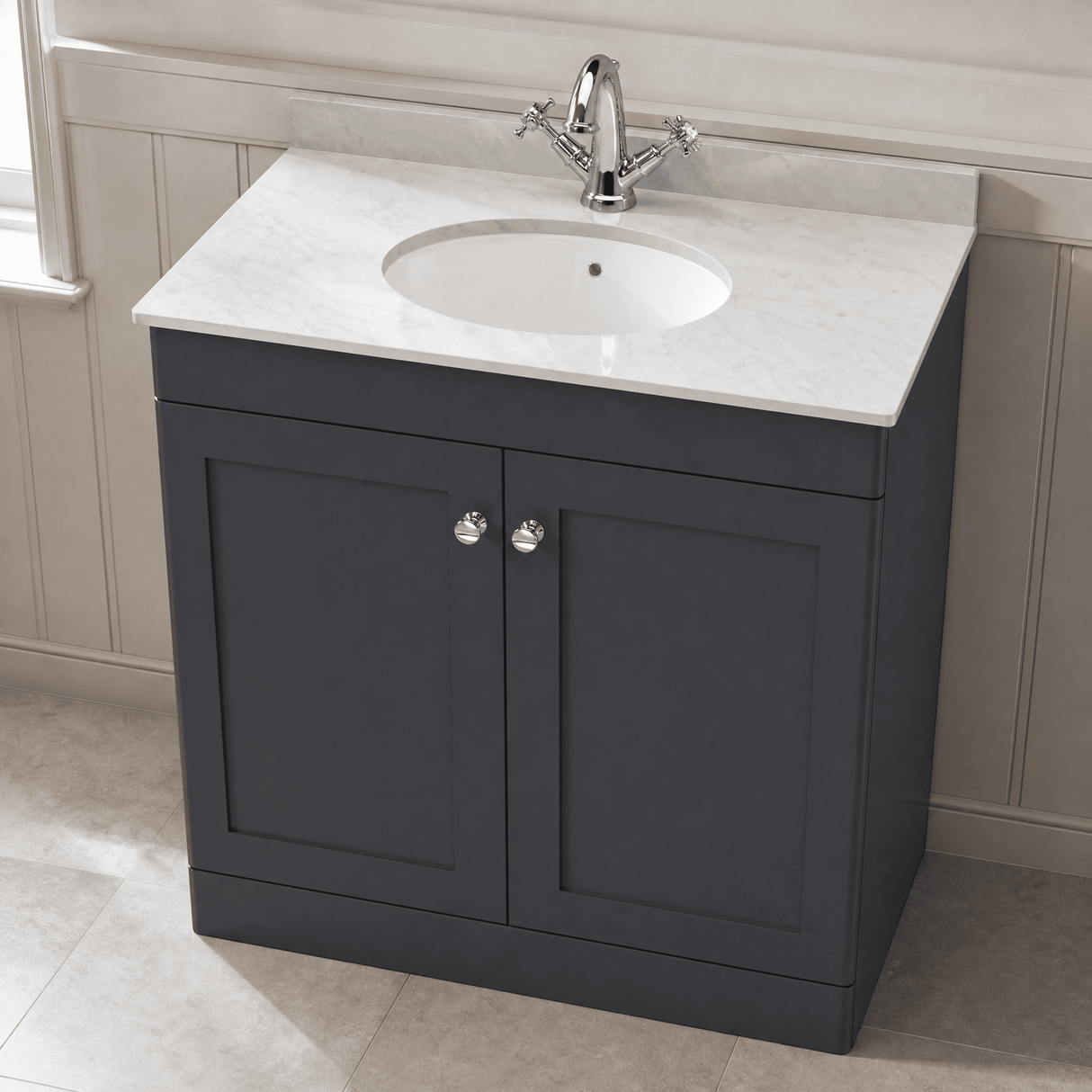 [BFCL1426GR1] Swynnerton Traditional 2 Door Floor Standing Vanity Unit with Grey Marble Worktop and 1 Tap Hole Basin, Choice of Size and Colour