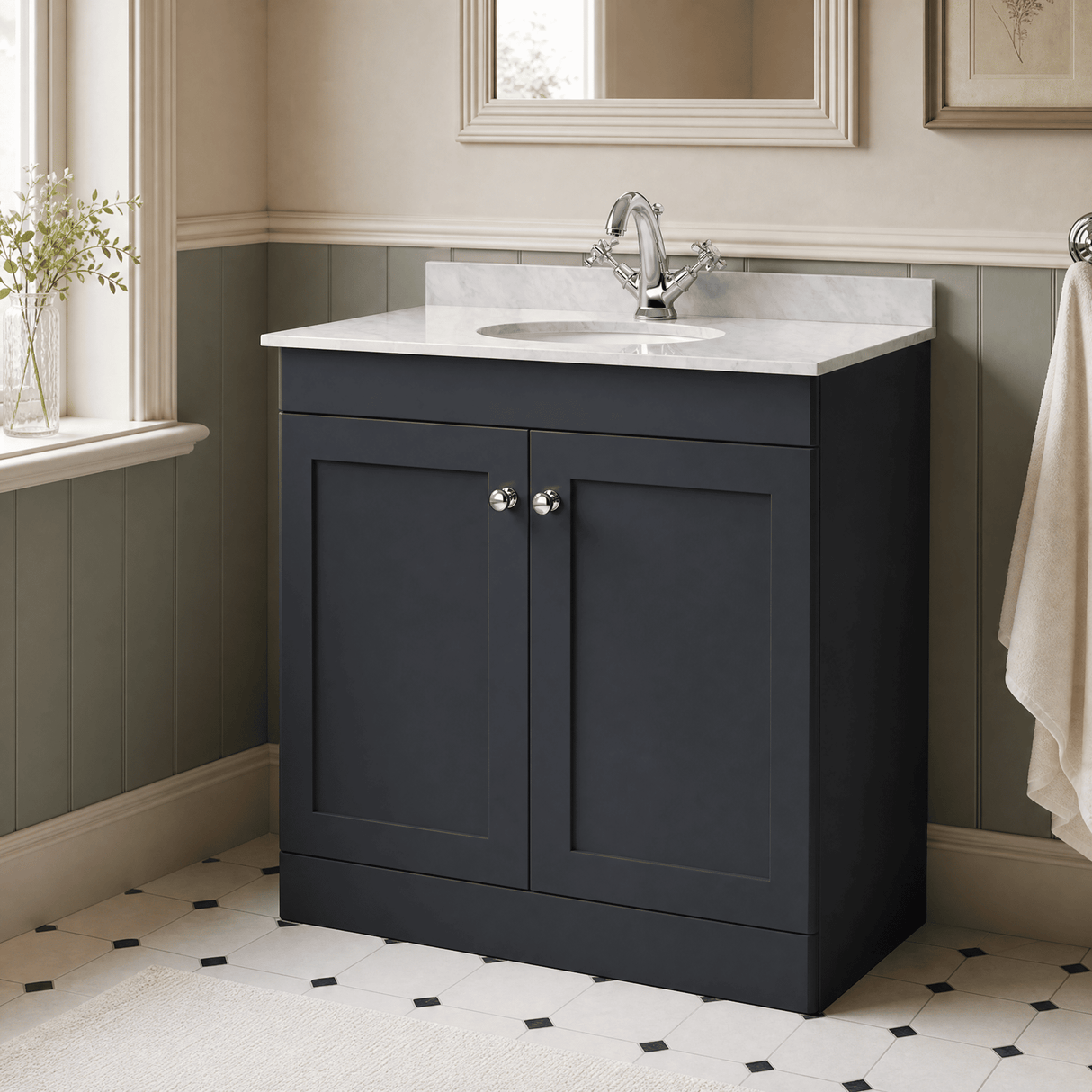 [BFCL1426GR1] Swynnerton Traditional 2 Door Floor Standing Vanity Unit with Grey Marble Worktop and 1 Tap Hole Basin, Choice of Size and Colour
