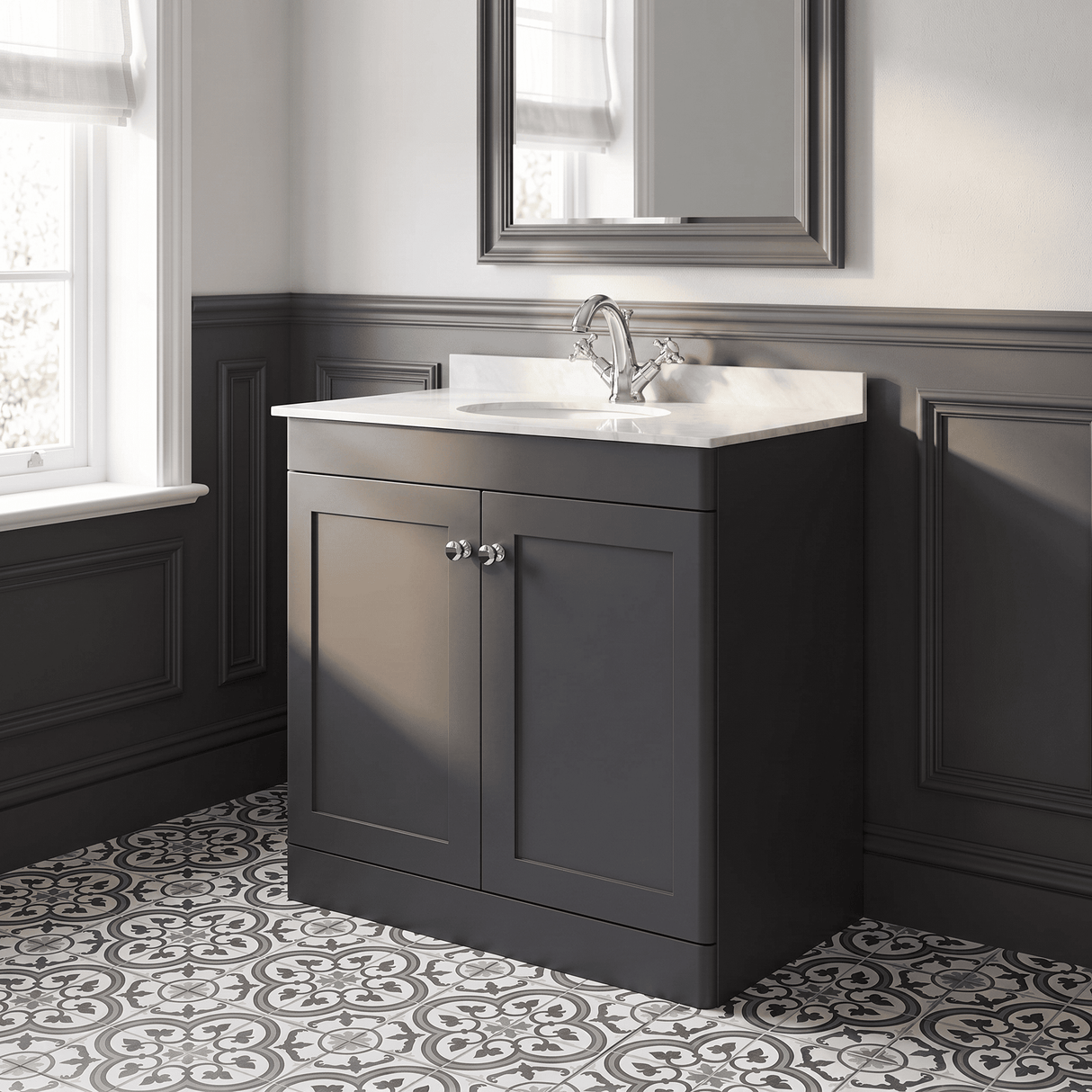 [BFCL1426GR1] Swynnerton Traditional 2 Door Floor Standing Vanity Unit with Grey Marble Worktop and 1 Tap Hole Basin, Choice of Size and Colour - Silo