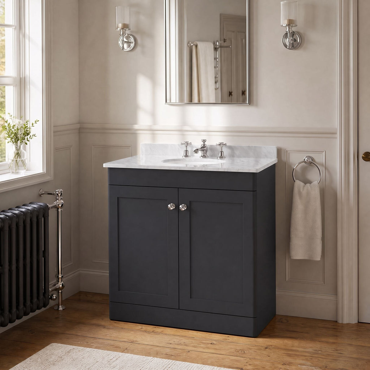 [BFCL1426GR3] Swynnerton Traditional 2 Door Floor Standing Vanity Basin Unit with 3 Tap Hole Grey Marble Top Basin, Choice of Size and Colour