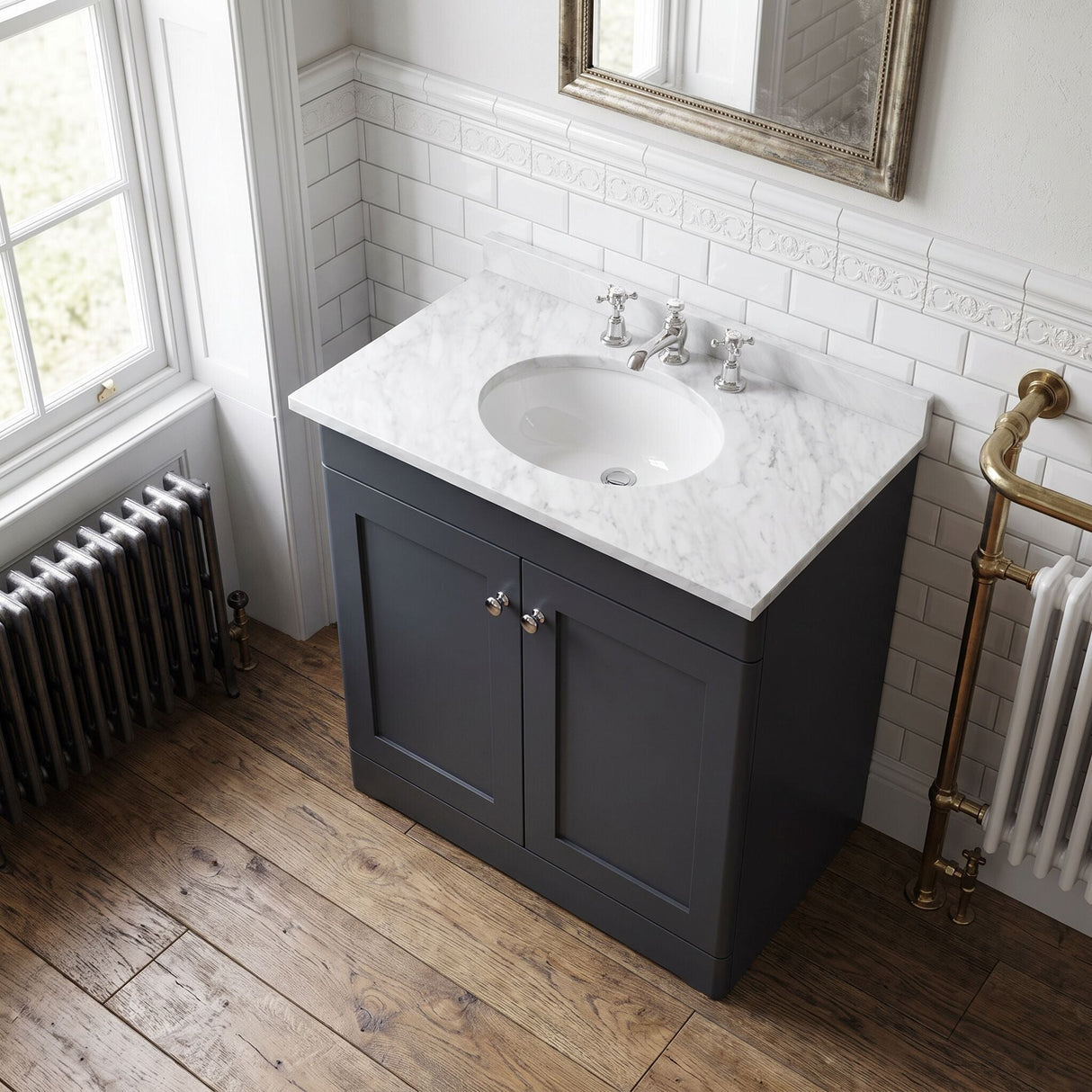 [BFCL1426GR3] Swynnerton Traditional 2 Door Floor Standing Vanity Basin Unit with 3 Tap Hole Grey Marble Top Basin, Choice of Size and Colour