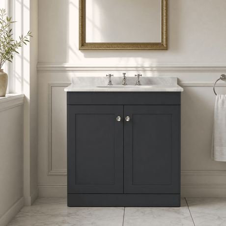 [BFCL1426GR3] Swynnerton Traditional 2 Door Floor Standing Vanity Basin Unit with 3 Tap Hole Grey Marble Top Basin, Choice of Size and Colour - Silo