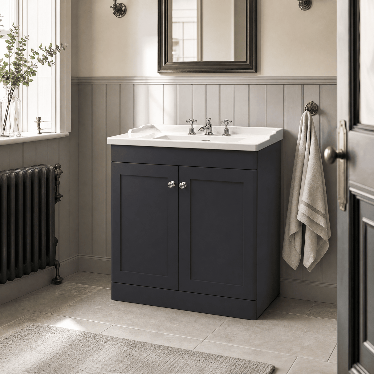 [BFCL1426G] Swynnerton Traditional 2 Door Floor Standing Vanity Basin Unit with 3 Tap Hole Traditional Ceramic Basin, Choice of Size and Colour