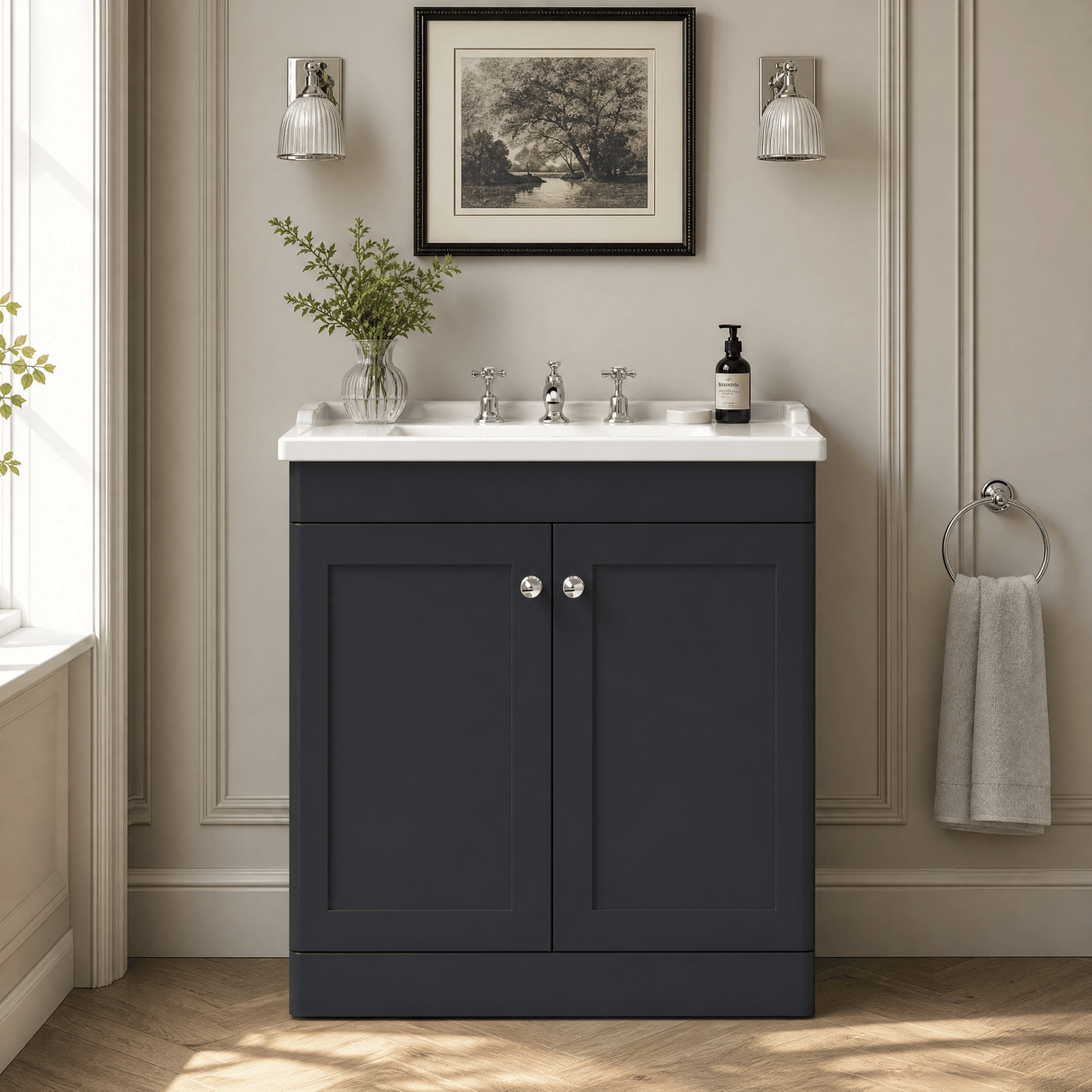 [BFCL1426G] Swynnerton Traditional 2 Door Floor Standing Vanity Basin Unit with 3 Tap Hole Traditional Ceramic Basin, Choice of Size and Colour - Silo