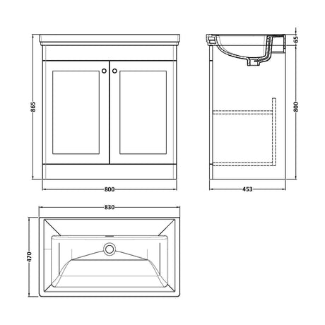 [BFCL1426H] Swynnerton Traditional 2 Door Floor Standing Vanity Unit with Basin, Dark Grey, 800mm - Technical Drawing