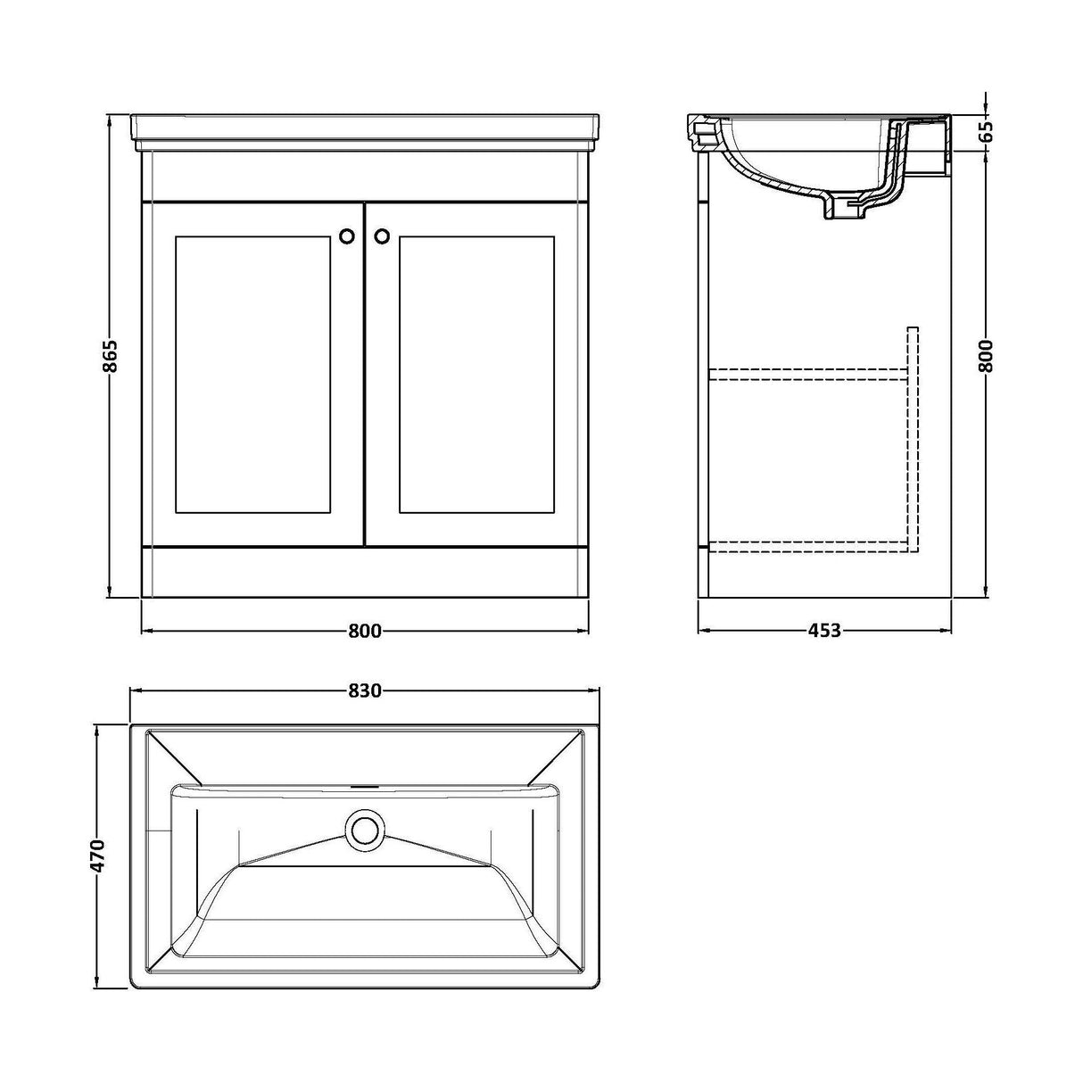 [BFCL1426H] Swynnerton Traditional 2 Door Floor Standing Vanity Unit with 0 Tap Hole Traditional Fireclay Basin, Choice of Size and Colour - Technical Drawing